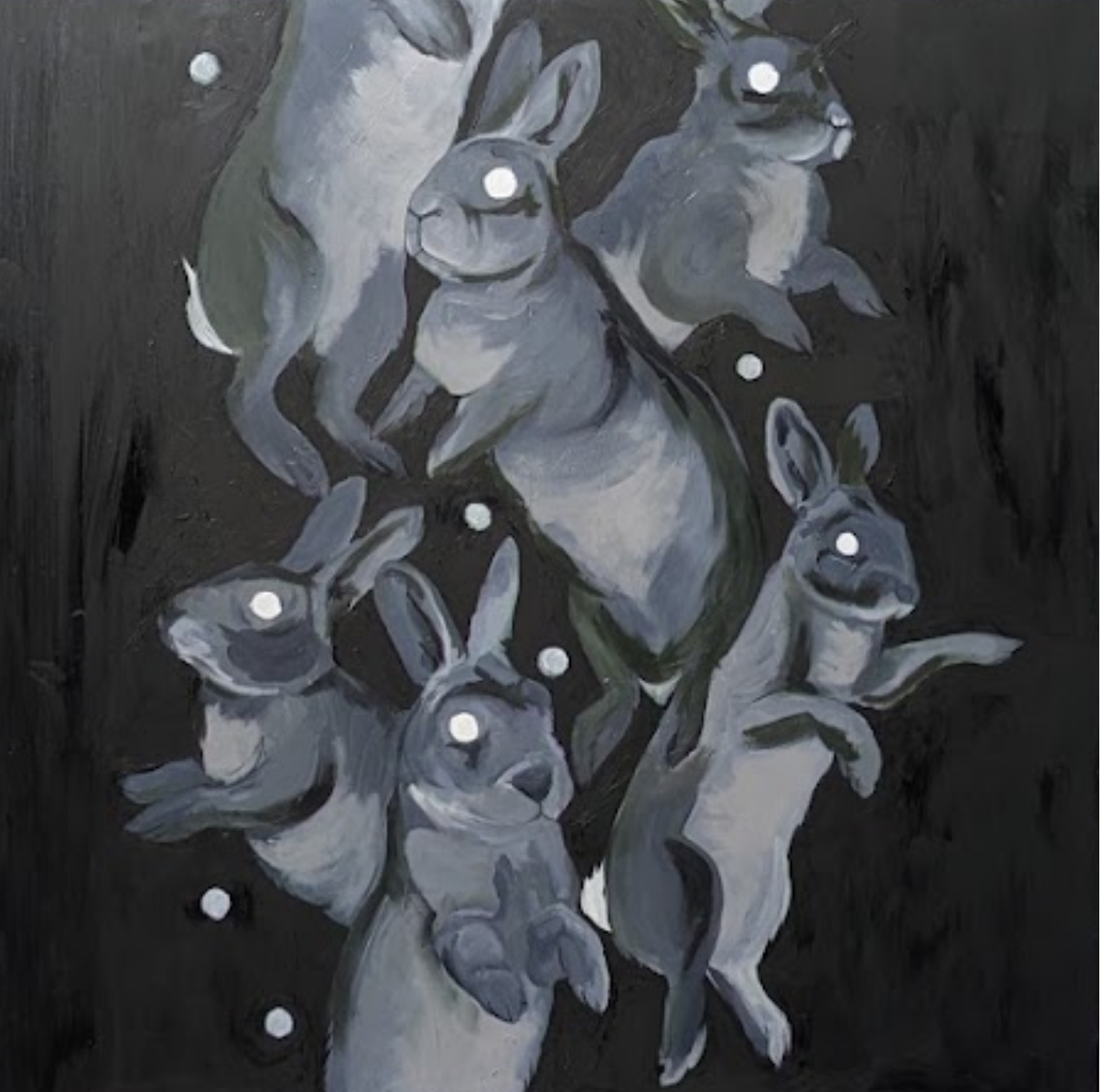 A variable number of rabbits on a trampoline. 2026. Oil, wood panel, 24 x 24 inch.