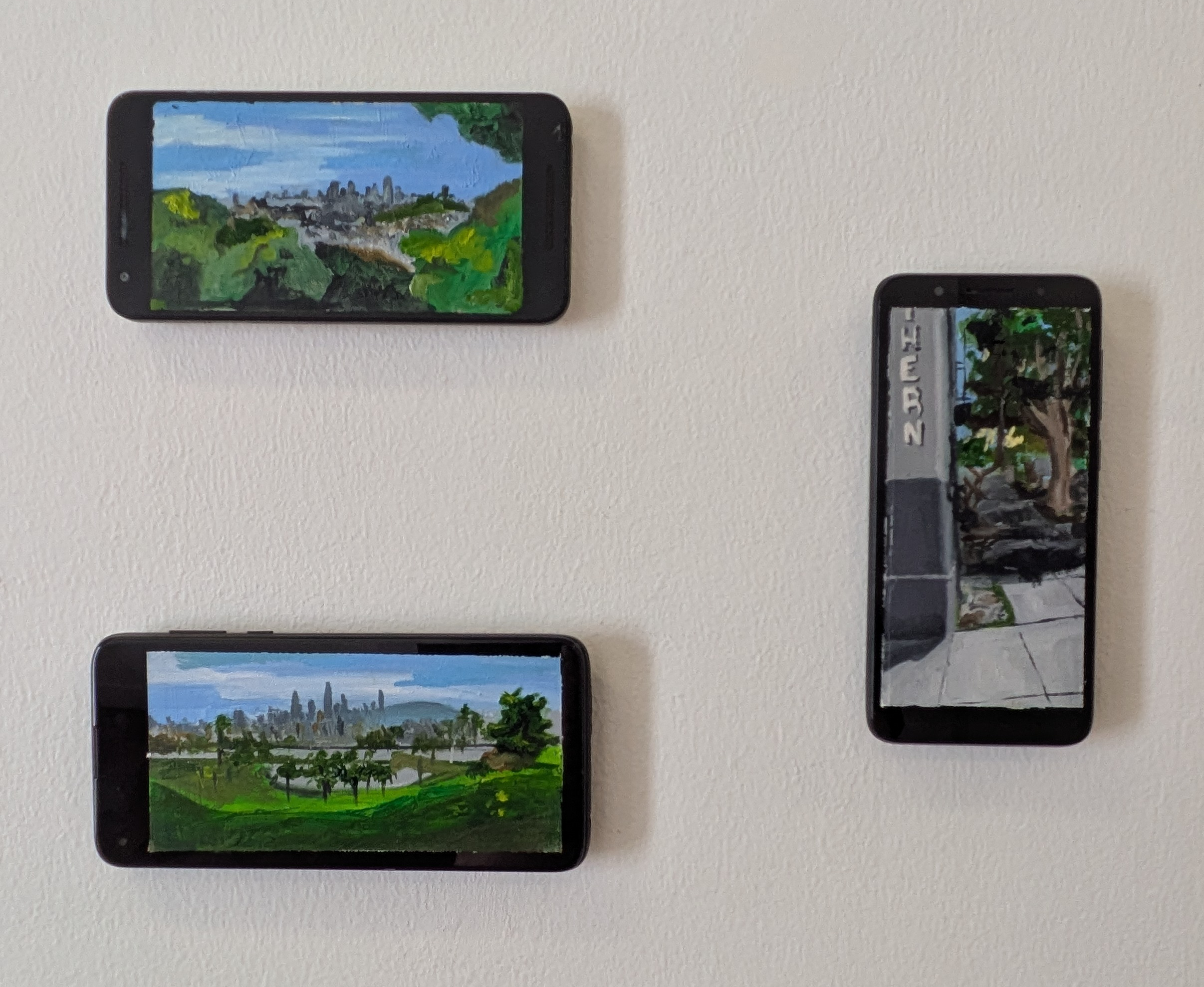 (top left) Meet you at the rock. 2026. Oil, smartphone.
    (bottom left) Remember lockdown?. 2026. Oil, smartphone.
    (right) Matcha on a Monday. 2026. Oil, smartphone
